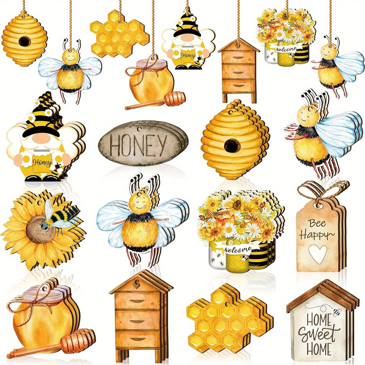 

24pcs/set Wooden Hanging Spring Yellow Bee Sunflower Decorations Gift Pendant For Courtyard Window Festival Party Supplies (with Rope)