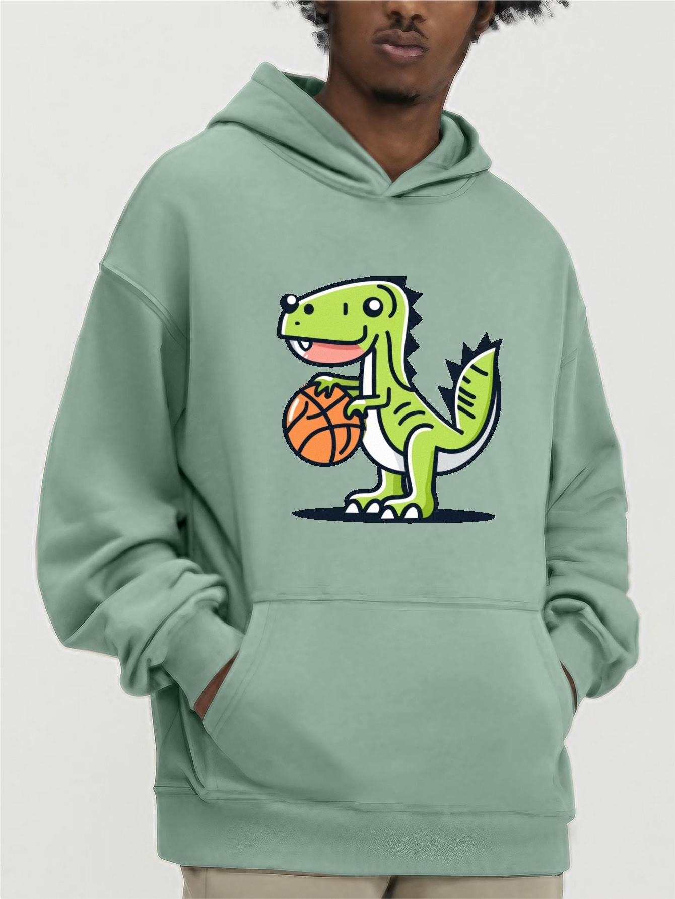 Cute Dinosaur Playing Basketball Print Fleeced Hoodie Cool