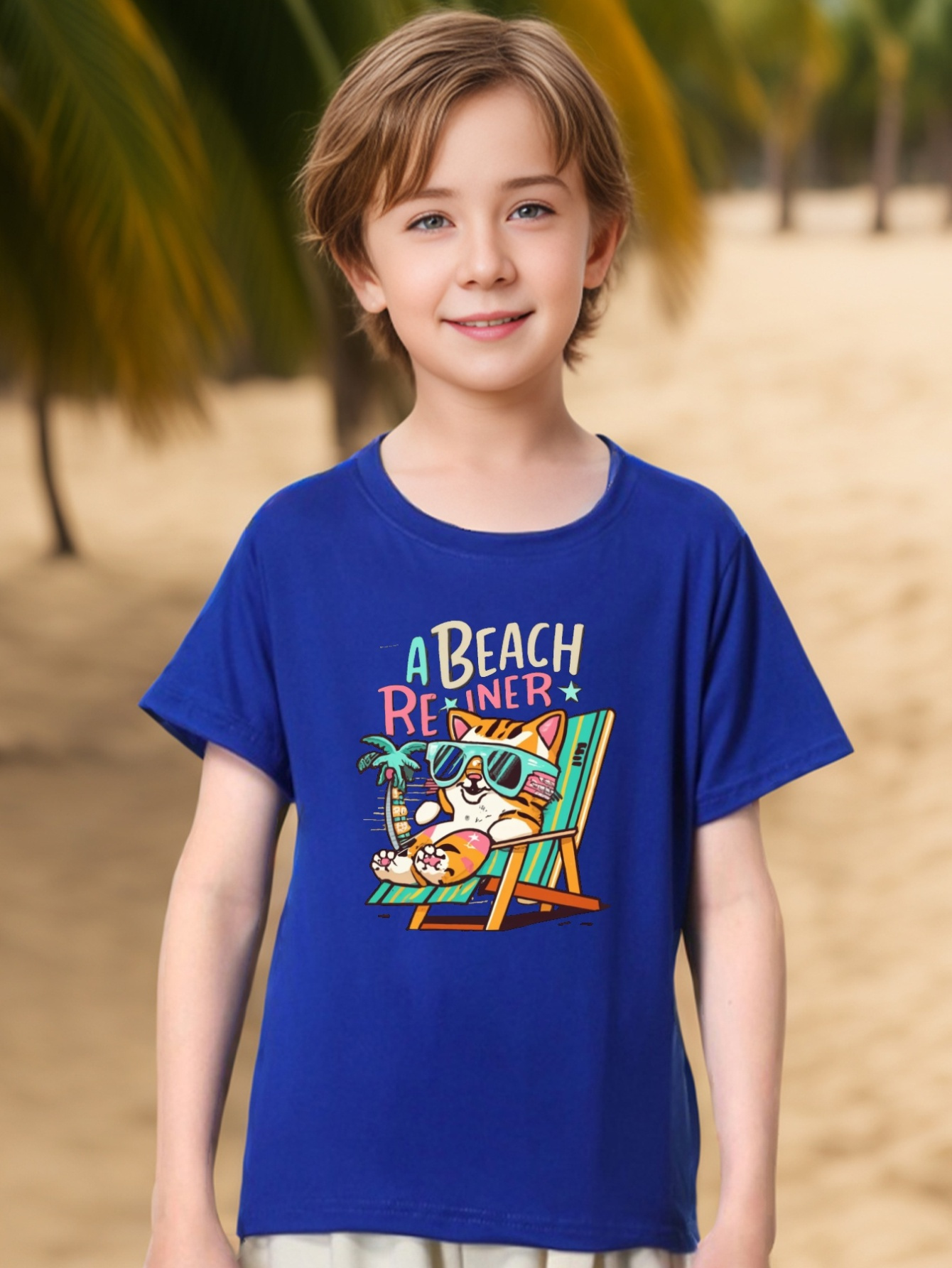 Cat Beach Feliz Print Boy's Short Sleeve T shirt Breathable - Temu