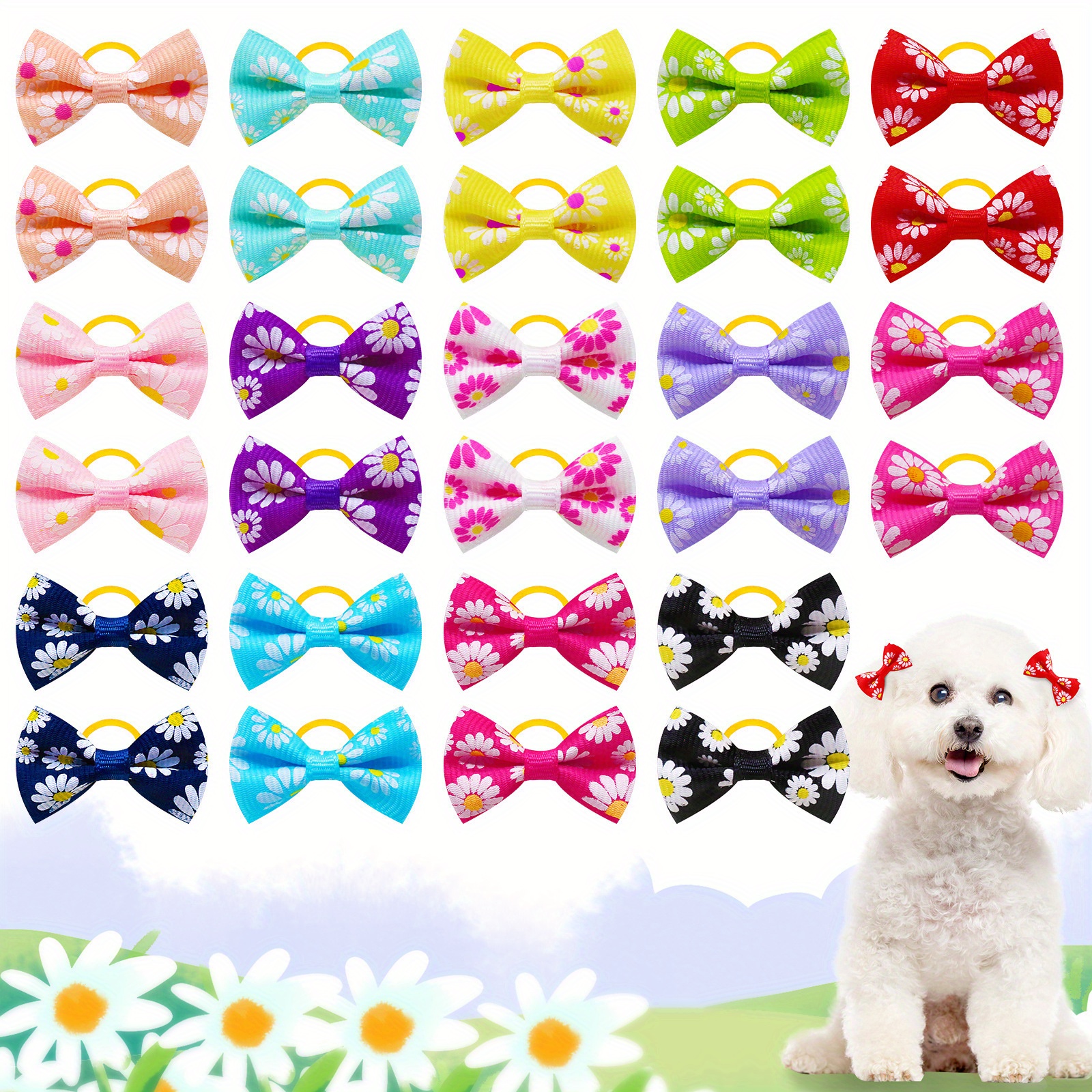 

20pcs New Fresh Dog Hair Bows, Small Daisy Pet Headdress, Forest Pastoral Style Cat And Dog Head Flower Tie, Broken Hair Rubber Band