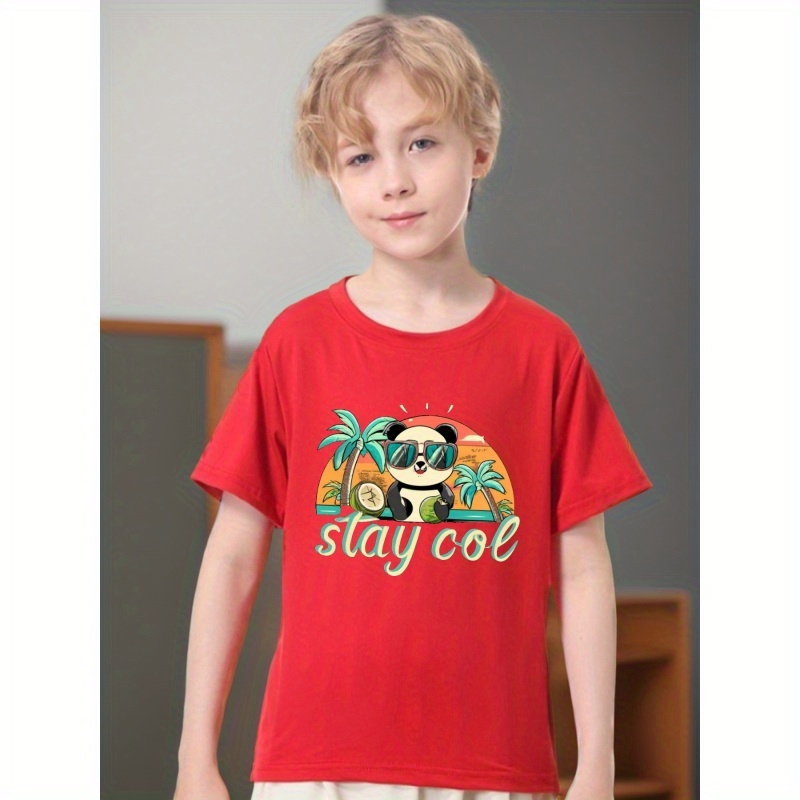 

Toddler Boys Cartoon Animal & Stay Cool Letter Print Cotton T-shirt Crew Neck Short Sleeve Comfy Breathable Tops For Kids