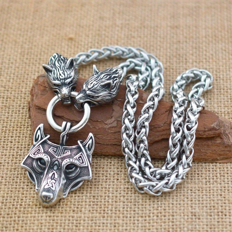 Image of 1pc Men's Vintage Celtic Wolf Head Pendant Necklace - Hip-hop Style Talisman Jewelry, Alloy, Intricate Wolf Design, Thick Chain Link Style, Perfect Gift For Men Or Women
