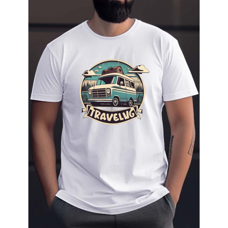 

Traveling Van Print T Shirt, Tees For Men, Casual Short Sleeve T-shirt For Summer