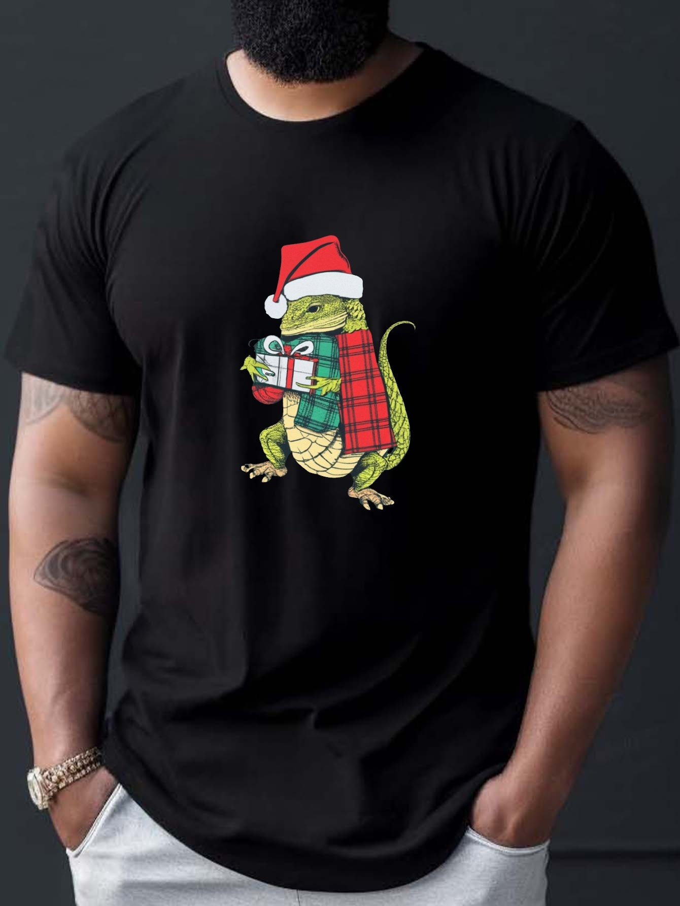 Lizard In Santa Hat Print T Shirt Tees Men Casual Short - Temu Ireland