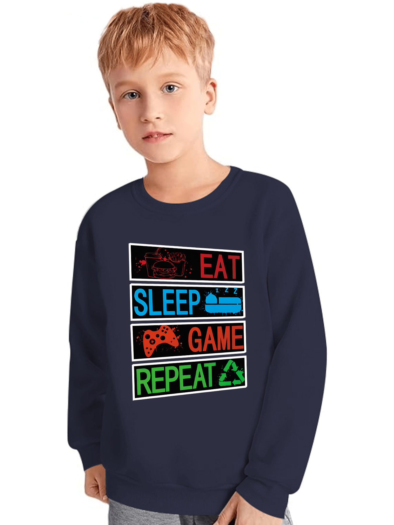 Cartoon Eat Sleep Game Repeat Letter Print Sweatshirt Boys - Temu New ...