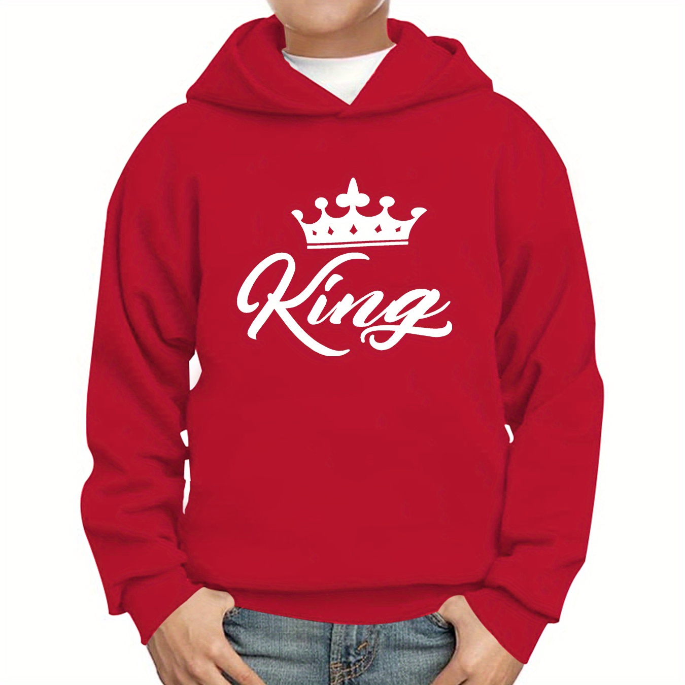 

King Letter And Crown Print Hoodies For Boys - Casual Graphic Design With Stretch Fabric For Comfortable Autumn/winter Wear