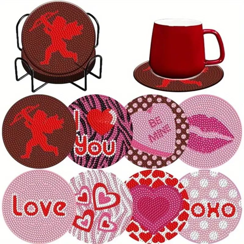 8pcs Valentine's Day Diamond Art Painting Coasters Kits With Holder DIY  Valentine's Day Diamond Art Coaster For Adults Diamond Painting Kits  Supplies
