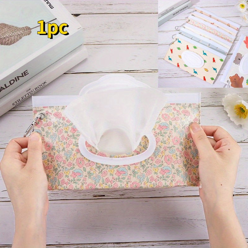 

1pc Wet Napkin Bag, Portable Wet Napkin Holder, Cover Flip Button Strap Reusable Cosmetic Bag, Useful Paper Napkin Box