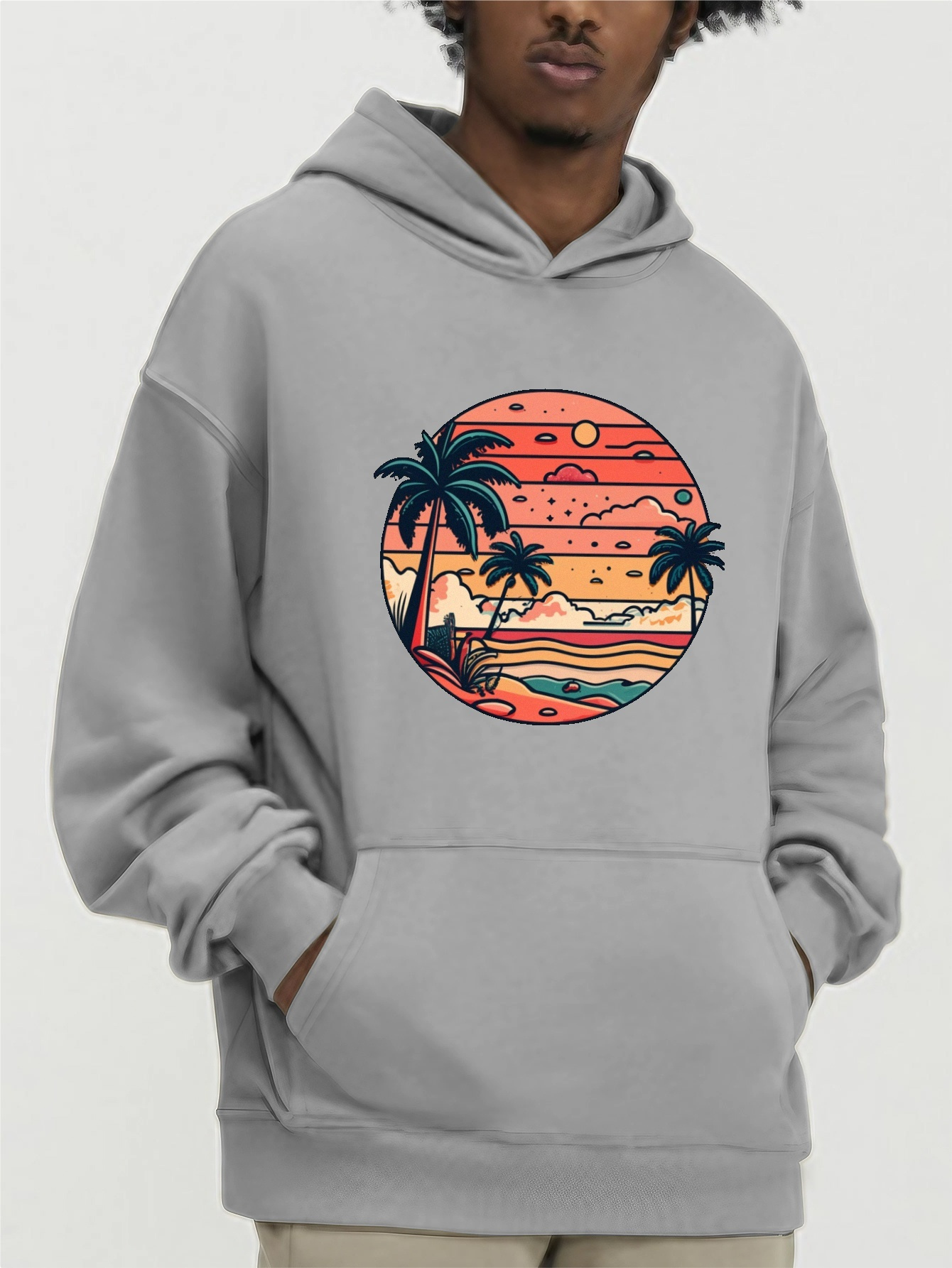 Beach Print Hoodie, Cool Hoodies, Pullover for Men, Men's Casual Graphic Design Hooded Sweatshirt Streetwear for Winter Fall, As Gifts,Temu