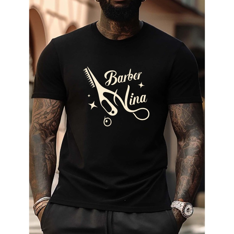 

Men's Barber Scissors Pattern Crew Neck T-shirt, Casual Comfy Tees Tshirts For Summer, Men's Clothing