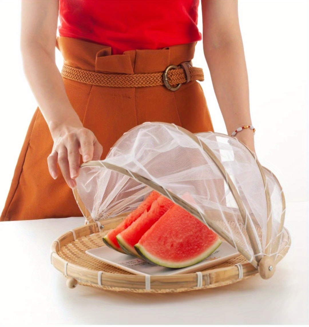 Bamboo Woven Insect-Proof Basket with Mesh Cover Anti-Fly Storage