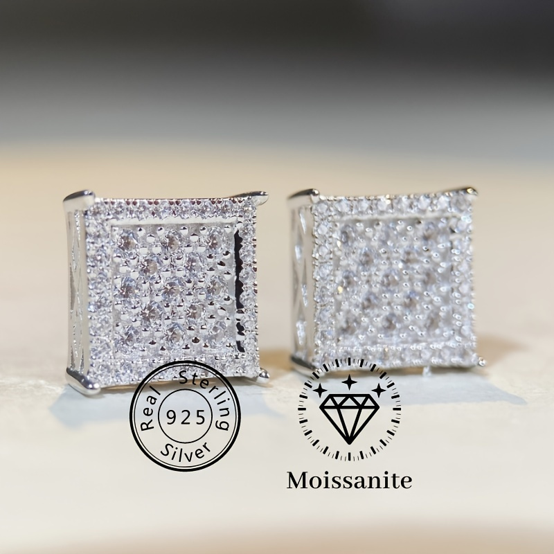 

1pair 925 Sterling Silver Hip Hop Moissanite Square Stud Earrings For Men, Daily Ear Jewelry, Ideal Choice For Gifts