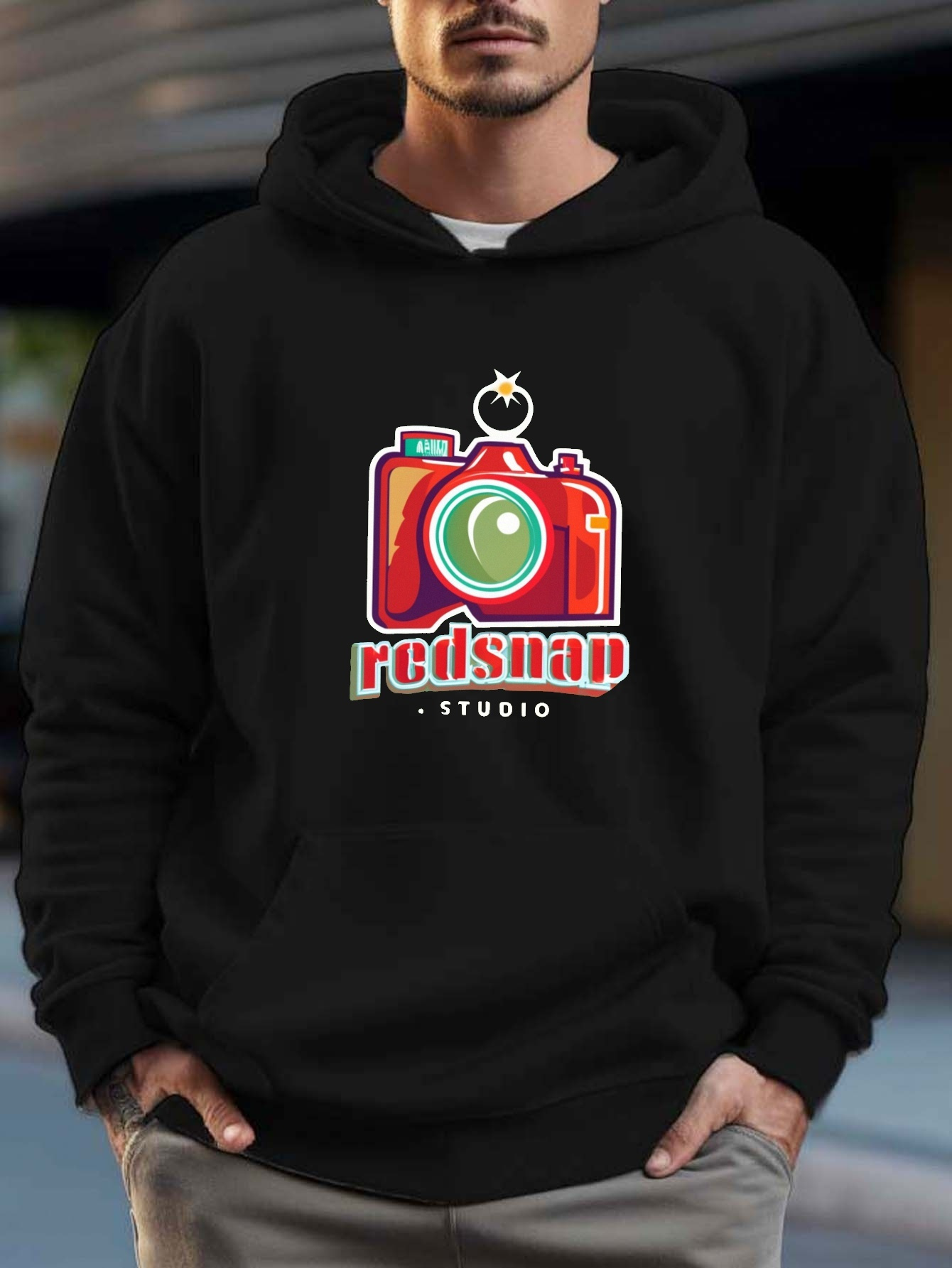 Red camera sales hoodie