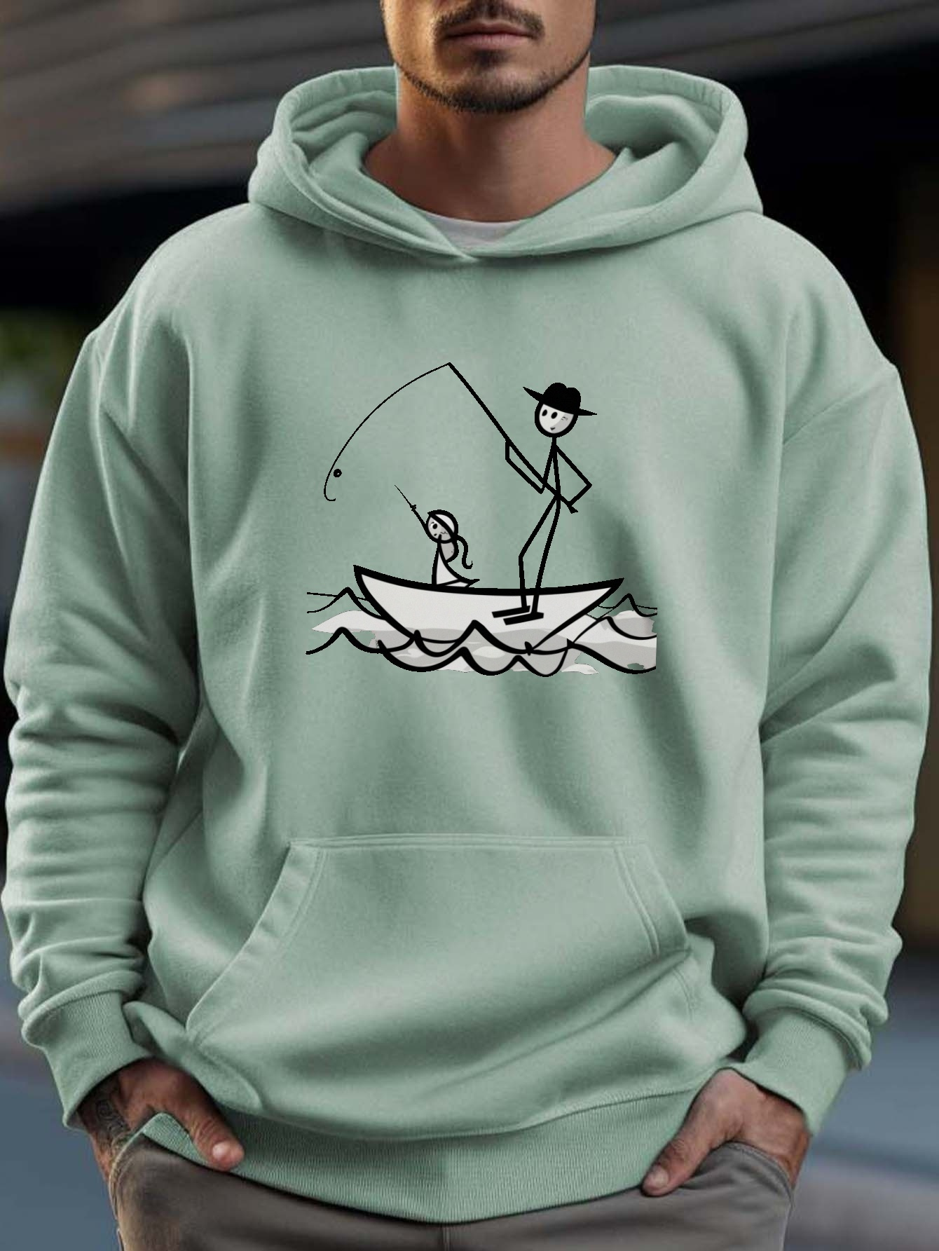 Men's Fishing Boat Print Hoodie Casual Loose Hooded Long - Temu Canada