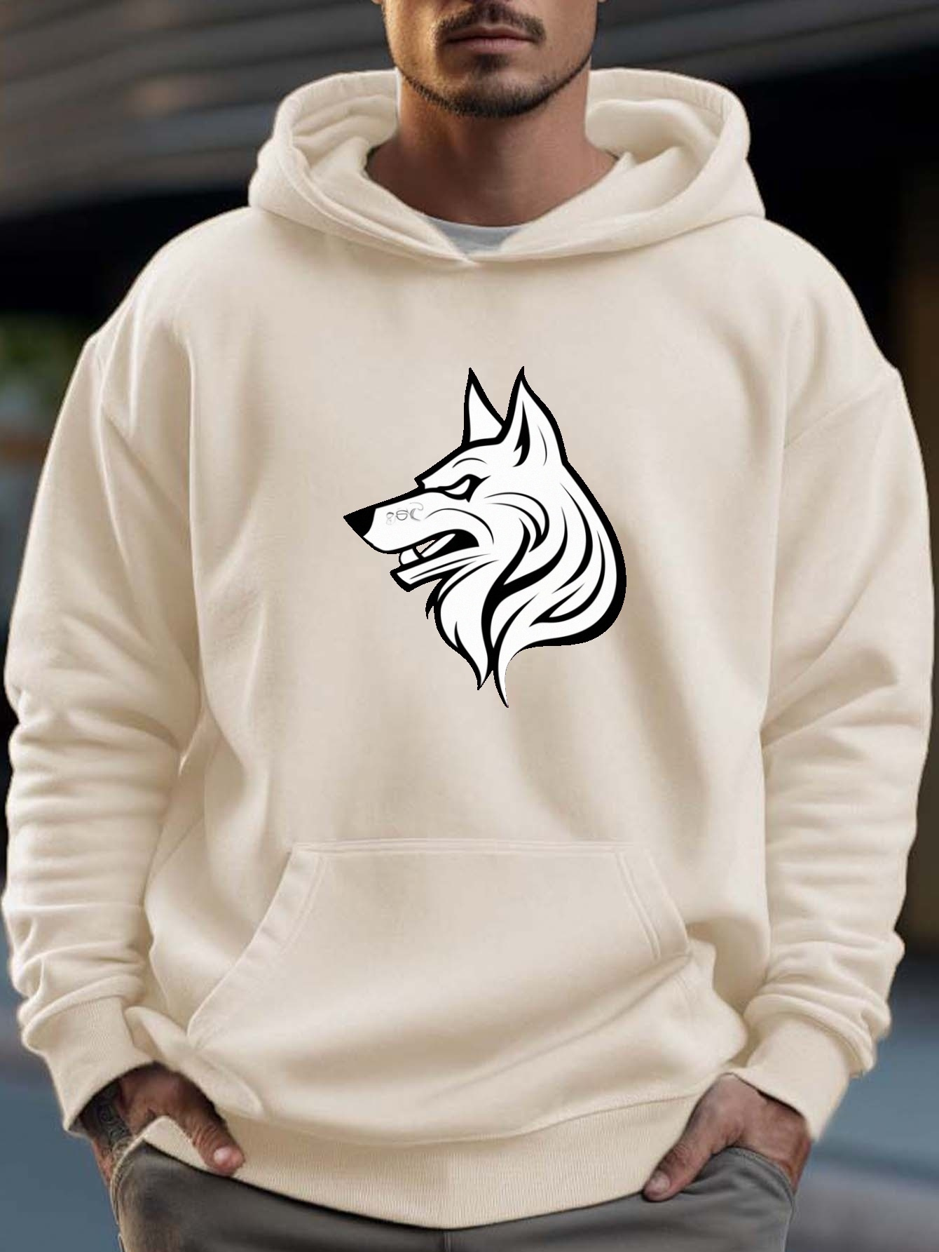 Wolf print kangaroo 2025 pocket casual hoodie