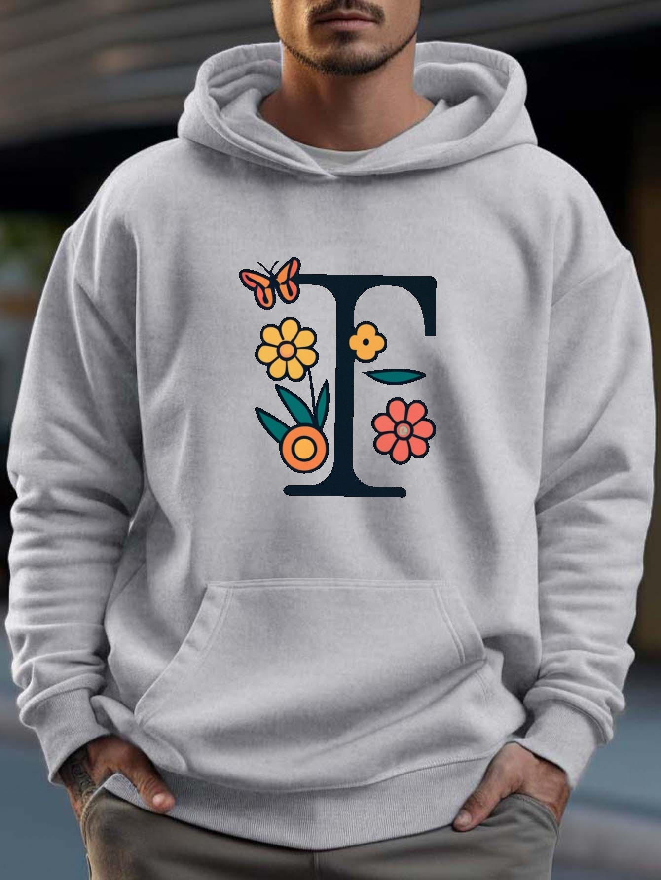 Flower F Letter Print Kangaroo Pocket Men's Hoodie Casual - Temu New Zealand