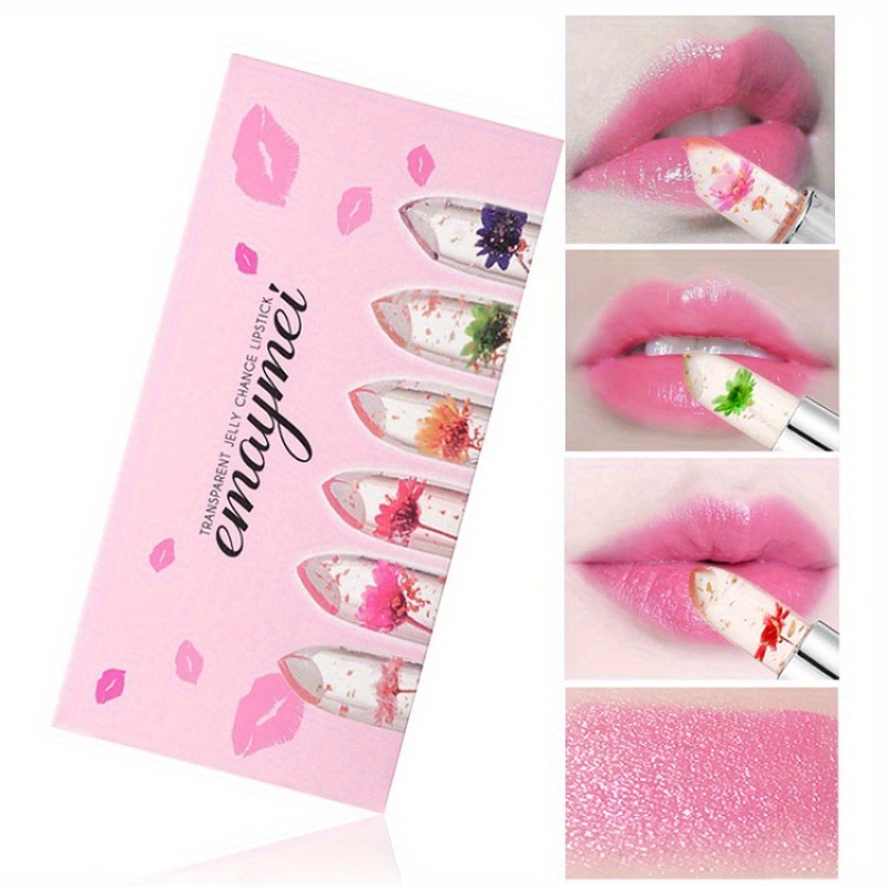 

6pcs Transparent Moisturizing Jelly Dried Flower Temperature Changing Lipstick Moisturizing Crystal Color Changing Lip Care Lipstick Gift Box Set Valentine's Day Gifts