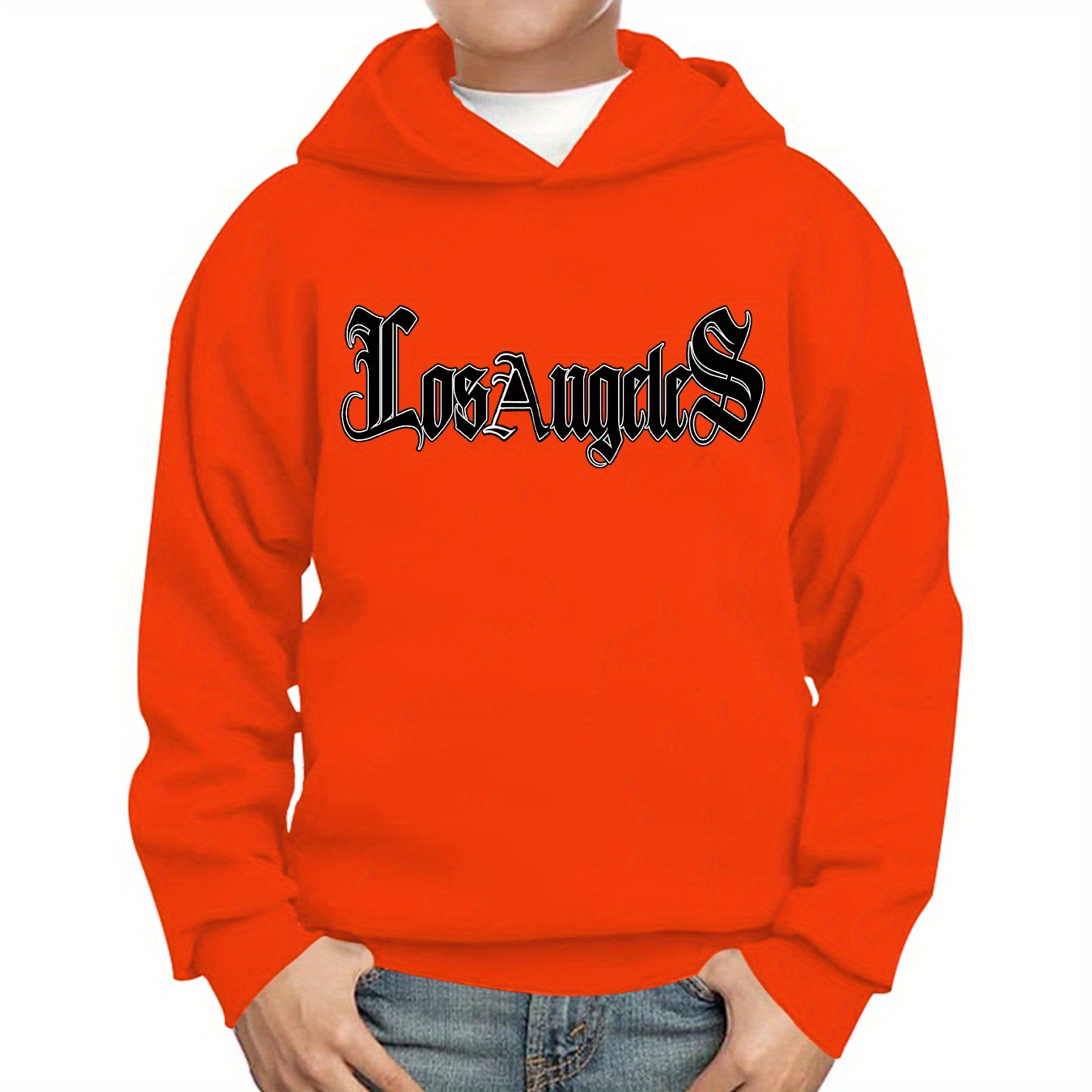 

Stylish Los Angeles Letter Print Hoodies For Boys - Casual Graphic Design With Stretch Fabric For Comfortable Autumn/winter Wear