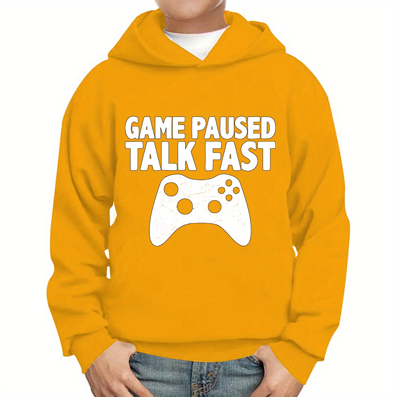 

Game Paused Talk Fast Letter Print Hoodies For Boys - Casual Graphic Design With Stretch Fabric For Comfortable Autumn/winter Wear