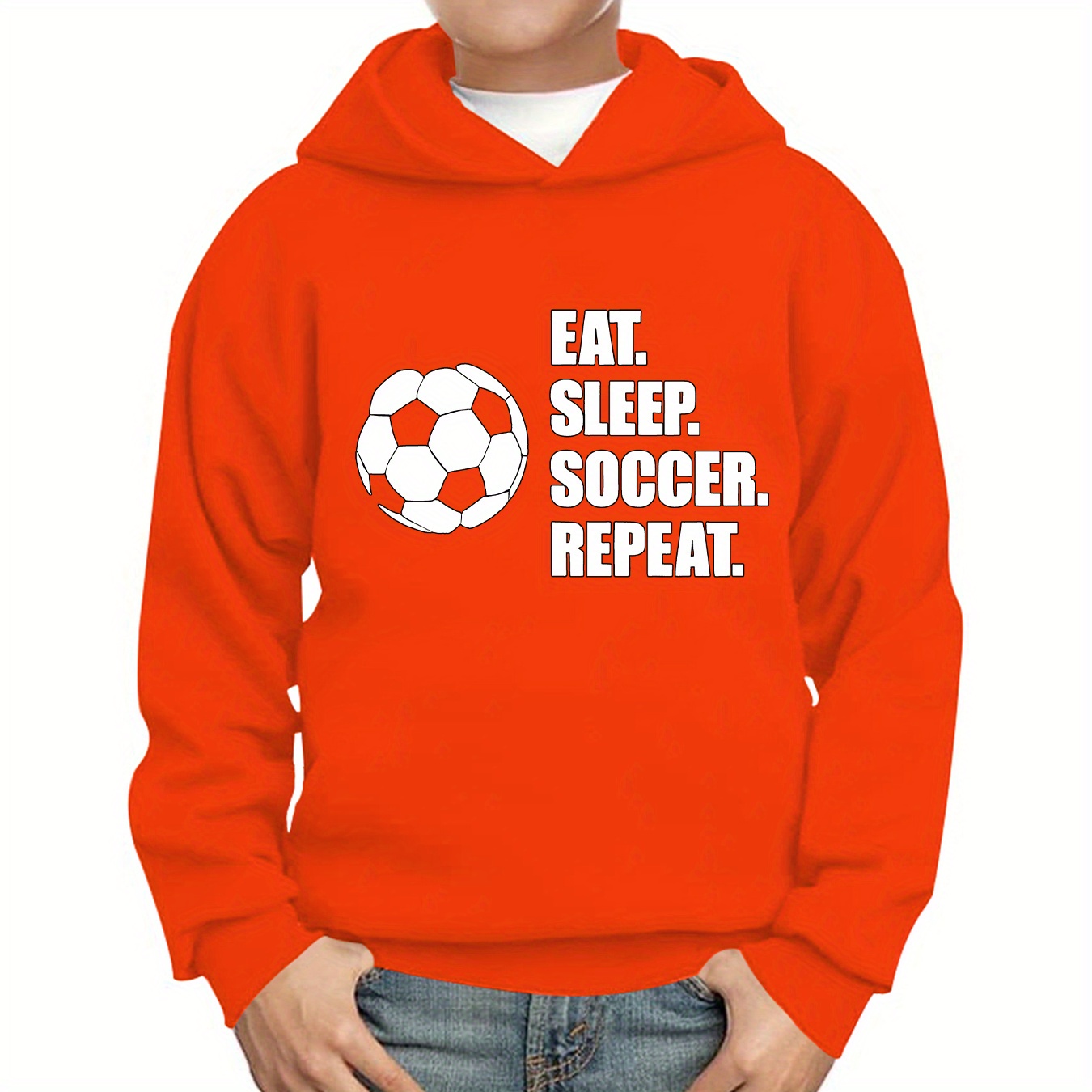 

Stylish Eat Sleep Soccer Repeat Letter Print Hoodies For Boys - Casual Graphic Design With Stretch Fabric For Comfortable Autumn/winter Wear