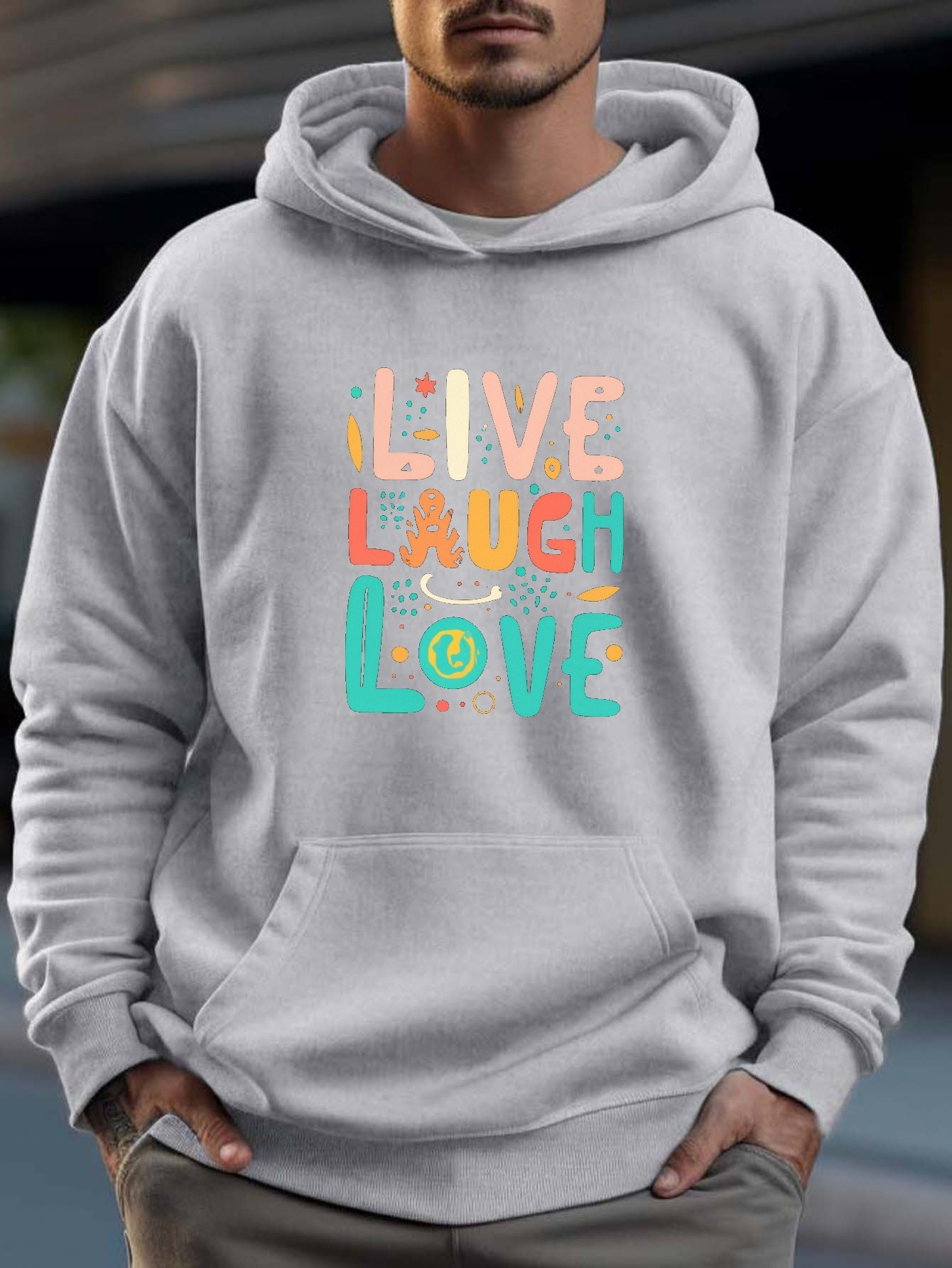 Live Lauch Love Print Kangaroo Pocket Hoodie Casual Long Temu