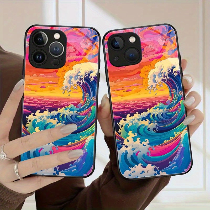 TEMU Sea Wave Pattern High Definition Glass Phone Case For Iphone 11/12/13/14/15 Pro Max