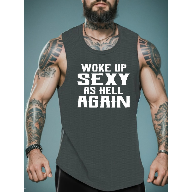 

Funny Letter Print Men's Trendy Sleeveless Tank Tops, Comfy Casual Breathable Tops For Men's Fitness Training, Jogging, Outdoor Activities