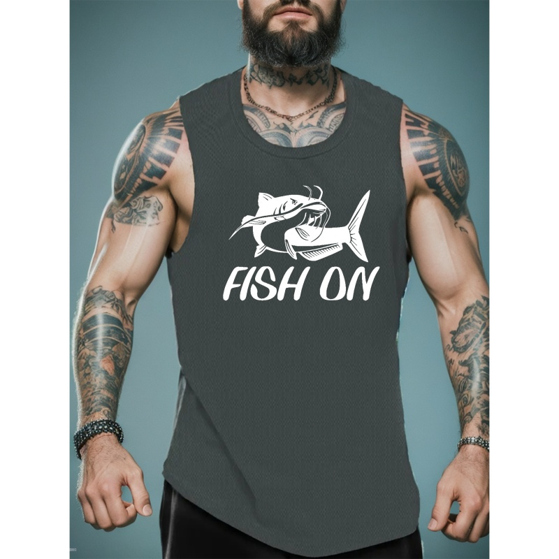 

Fish On Print Men's Trendy Sleeveless Tank Tops, Comfy Casual Breathable Tops For Men's Fitness Training, Jogging, Outdoor Activities