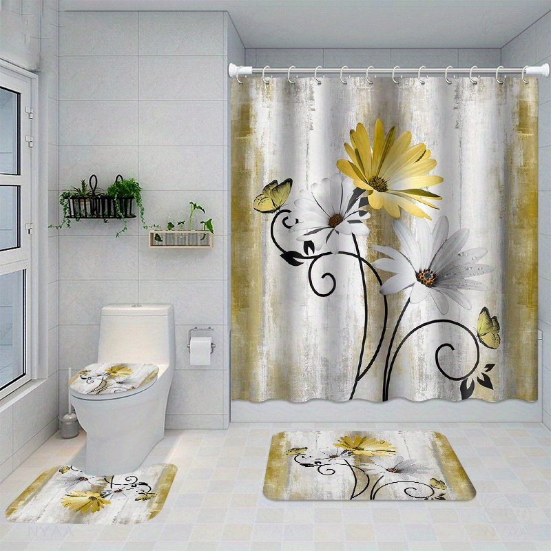 

1/4pcs Daisy Flower Pattern Shower Curtain Set, Shower Curtain With 12 Hooks, Non-slip Bath Mat, U-shaped Toilet Mat, Toilet Mat, Bathroom Decor Accessories