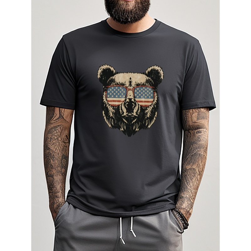 

Bear With American Flag Glasses Print T Shirt, Tees For Men, Casual Short Sleeve T-shirt For Summer