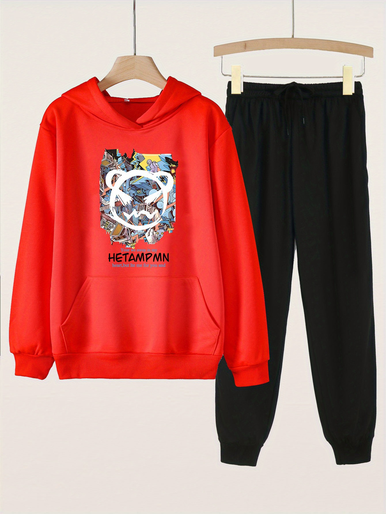 Graffiti Bear Graphic Hoodies Pocket + Jogger Pants Set - Temu