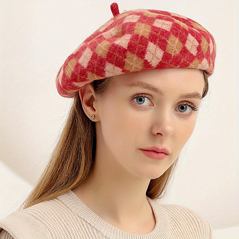 Vintage Plaid Wool Beret Hats Classic Color Block Warm Temu Australia