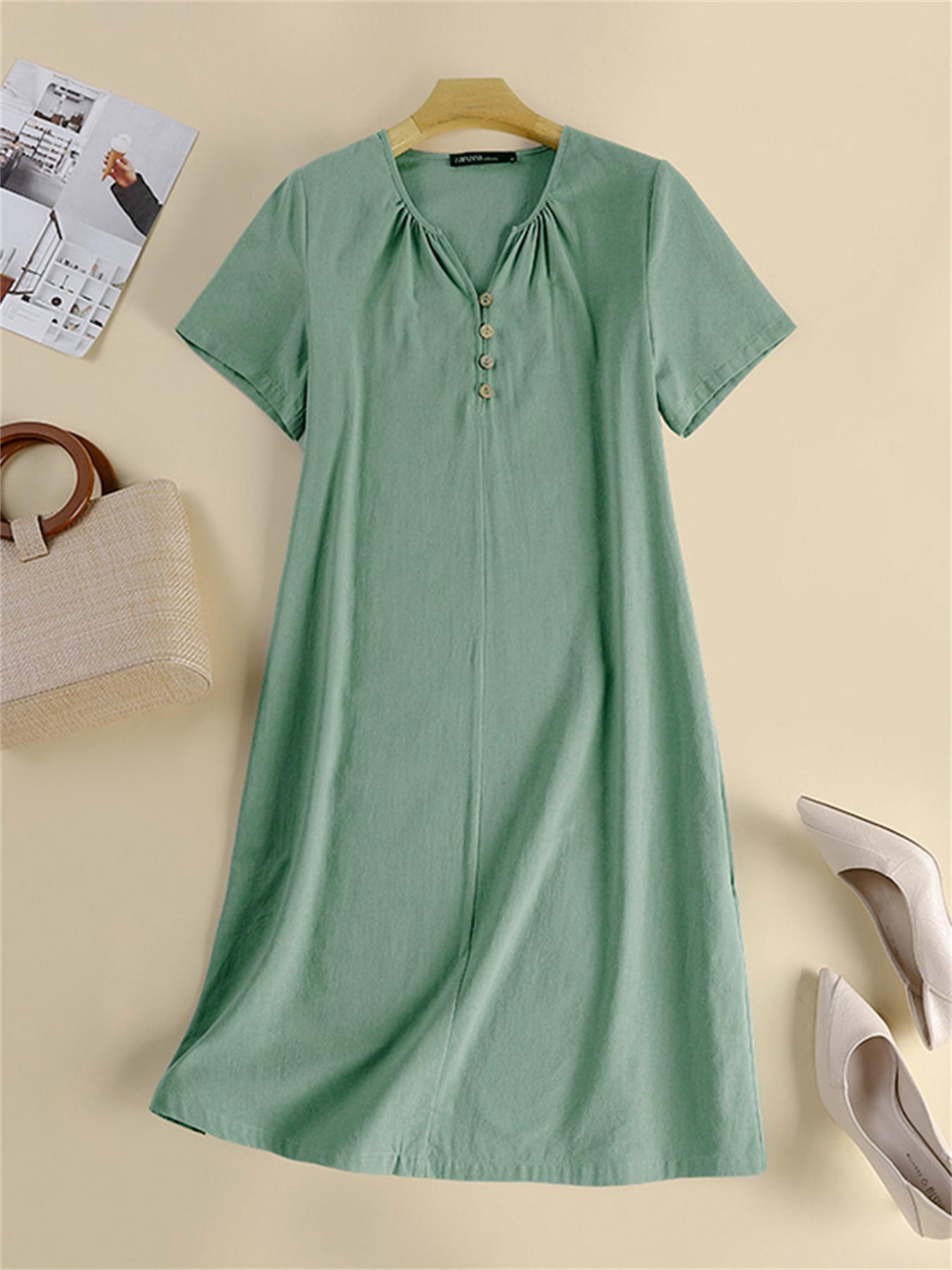 Cotton Linen Dresses for Women Casual Short Sleeve Button Shirt Dress Loose  V Neck Cover up Dresses 2024 Summer