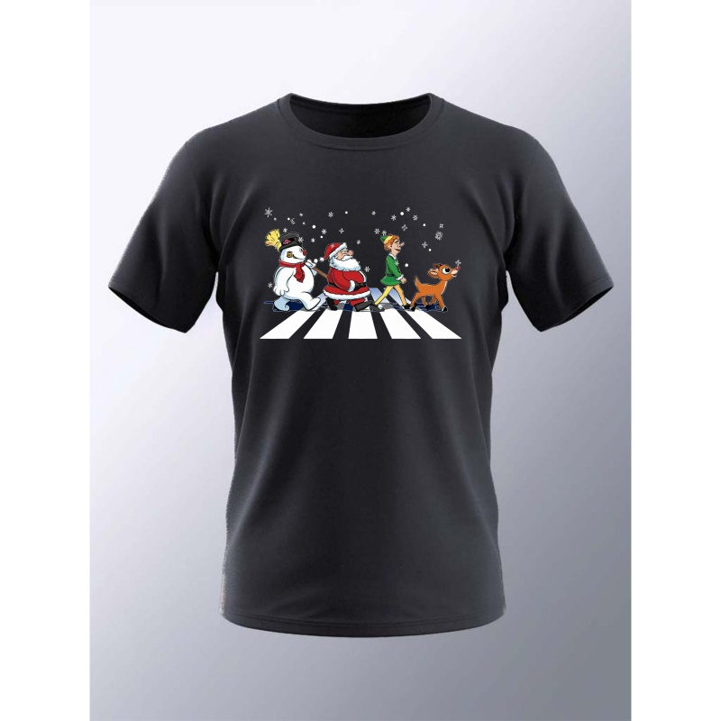 

Christmas Santa And Elf On Zebra Crossing Print T Shirt, Tees For Men, Casual Short Sleeve T-shirt For Summer