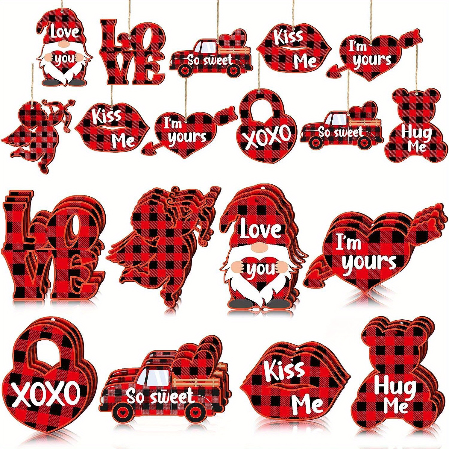 

24pcs Valentine's Day Decor Set - Romantic Red Bear & Cupid Heart Wooden Ornaments With Hanging Rope For Engagement, Anniversary, And Outdoor