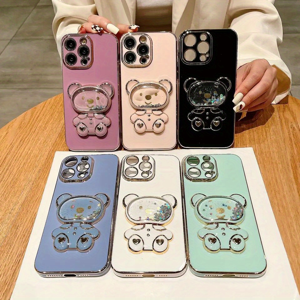 

Electroplated Cute Bear Mobile Phone Holder Phone Case, Full-body Protection Shockproof Silicone Rubber Electroplated Tpu Phone Case, Suitable For Iphone 7 To 15 Series