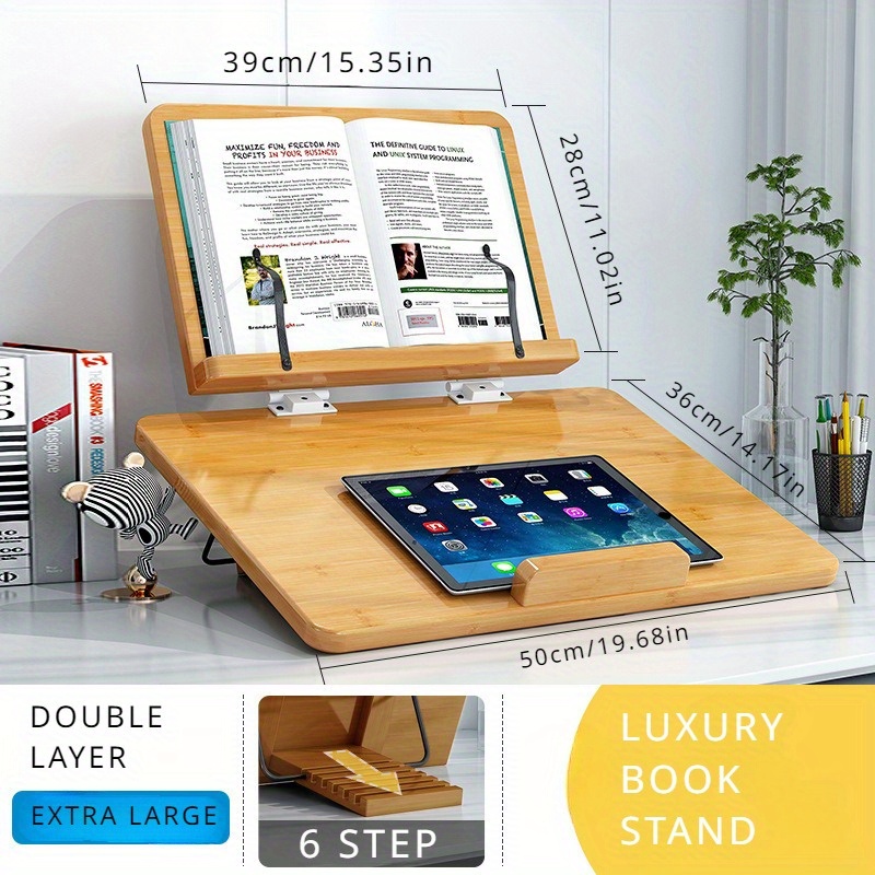 Wooden Book Stand for Cookbook Textbook and Tablet, Adjustable Angles,  Spacious Storage Case, Carousel Base (Dark Cherry)