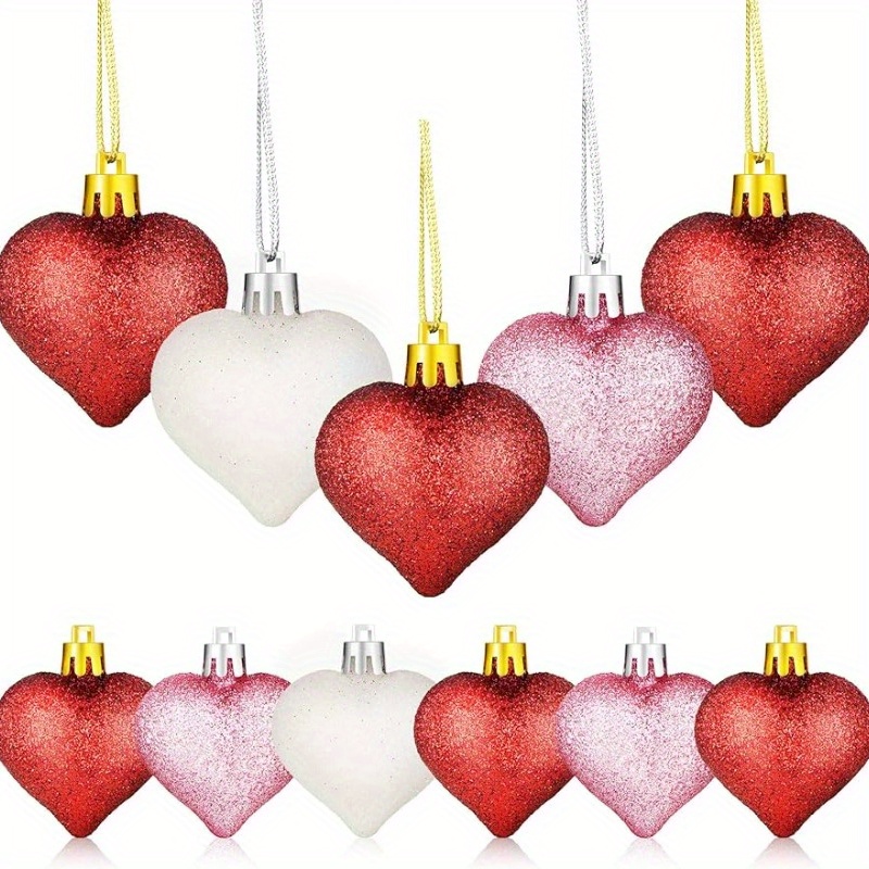 36Pcs Valentine's Day Heart Shaped Ornaments | Valentines Heart Decorations  | Red Pink Silver Glitter Heart Shaped Baubles | Romantic Christmas