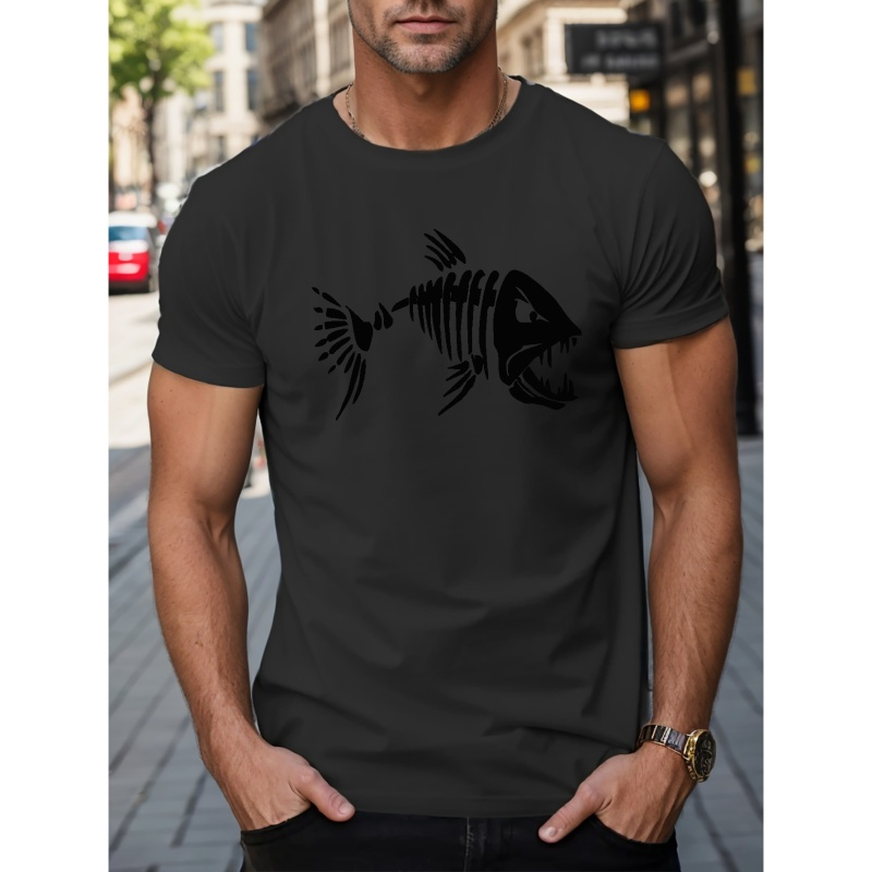 

Big Fish Skeleton Print Tees For Men, Casual Quick Drying Breathable T-shirt, Short Sleeve T-shirt For Summer