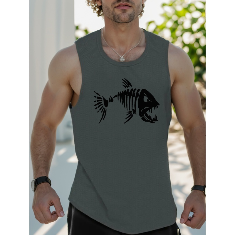 

Fish Print Men's Trendy Sleeveless Tank Tops, Comfy Casual Breathable Tops For Men' Training, Jogging, Outdoor Activities