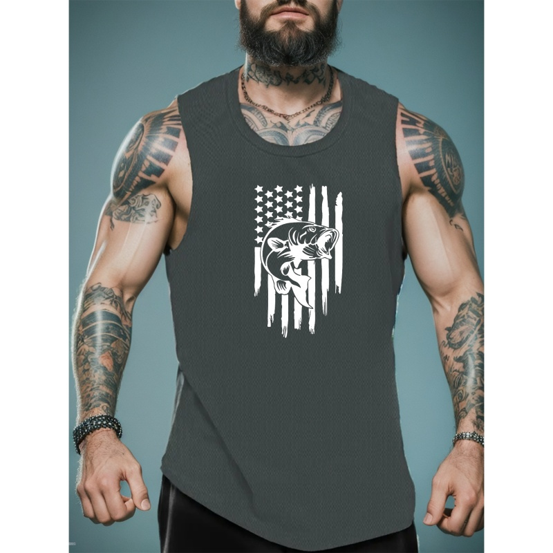 

Fishing Pattern Print Men's Casual Breathable Comfy Sleeveless Tank Tops, Quick Drying Sports Vest, Men's Summer Clothes Outfits, Men's Undershirts Tops