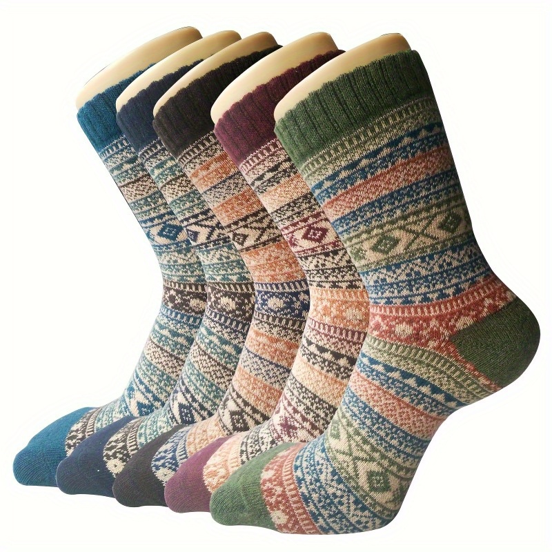 

5 Pairs Of Winter Mid-tube Socks, Colorful Geometric Pattern Thickened Cozy Warm Crew Socks For Women