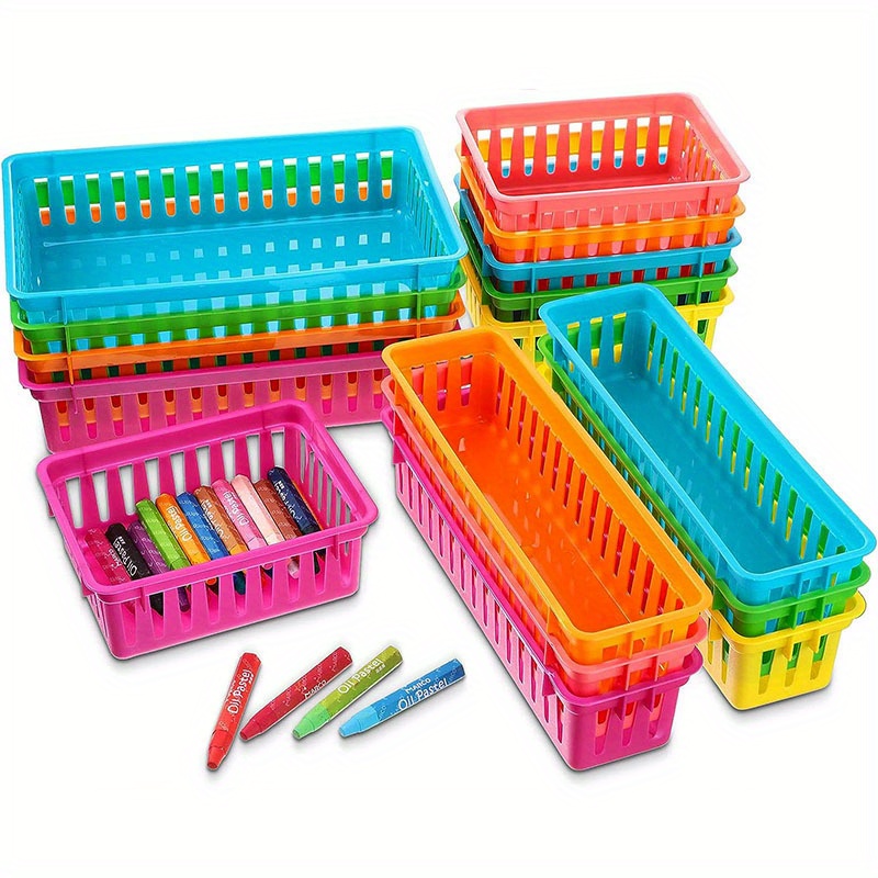Cestas de almacenamiento para el aula, cestas organizadoras de papel  coloridas, contenedores de plástico para lápices de crayón con asas para la