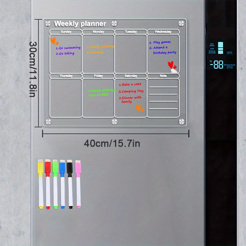 Lot de 2 calendriers de réfrigérateur magnétiques effaçables à sec en  acrylique et tableau blanc pour réfrigérateur 43,2 x 30,5 cm, tableau de  planification de repas hebdomadaire transparent réutilisable avec 8  marqueurs