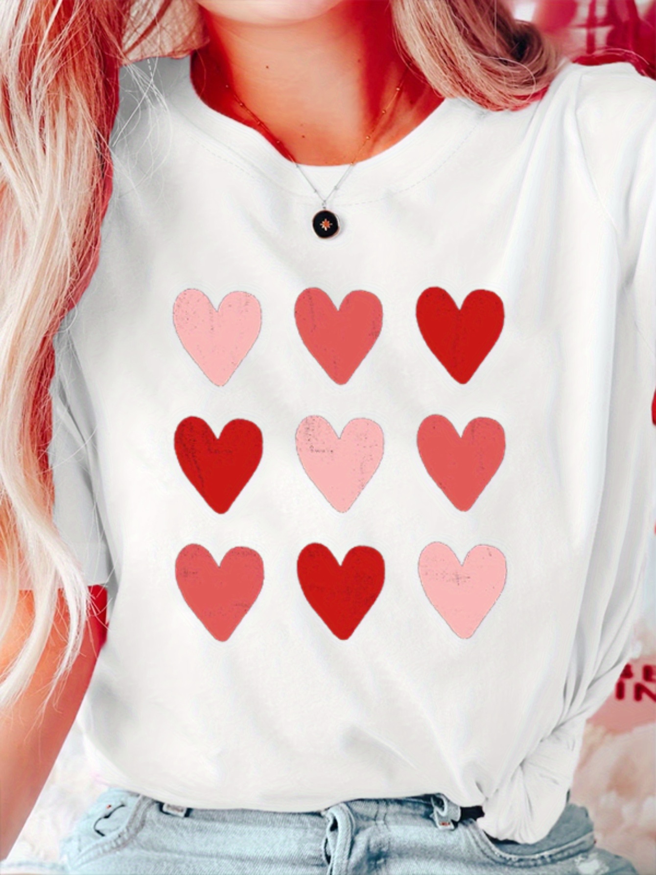 Pink Valentines Day Shirt Men Love Heart Print Crew Neck Short
