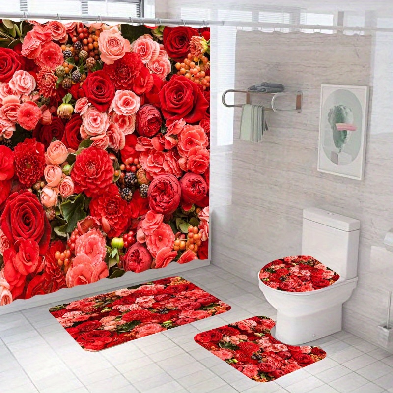 Valentine's Day Floral Printed Shower Curtain Set Waterproof