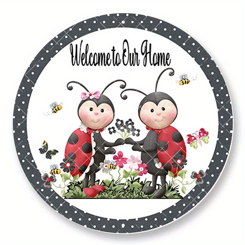 

1pc 8x8inch Aluminum Metal Sign Ladybug Welcome Wreath Sign, Metal Wreath Sign, Welcome To Our Home Wreath Sign, Round Wreath Sign