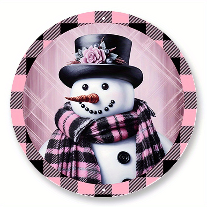 

1pc 8x8inch Aluminum Metal Sign Snowman With Pink And Black Scarf Wreath Sign, Metal Wreath Sign, Round Wreath Sign, Home Decor, Sign Creations