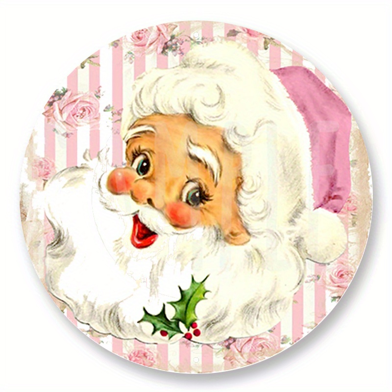 

1pc 8x8inch Aluminum Metal Sign, Vintage Pink Jolly Santa Sign - Round Christmas Sign Wreaths - Wreath Sign - Door Hanger - Tiered Tray Sign - Home Decor