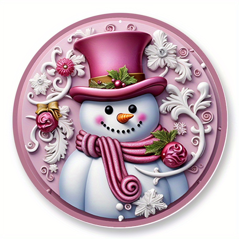 

1pc 8x8inch Aluminum Metal Sign, Snowman With Pink Scarf And Top Hat Wreath Sign, Metal Wreath Sign, Round Wreath Sign, Home Decor, Sign Creations